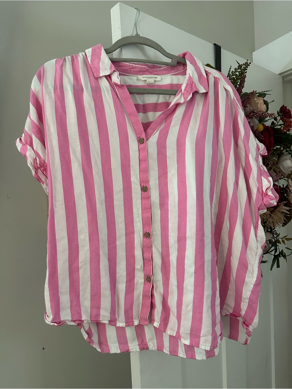 beachlunchlounge Pink and White Striped Button Front Top